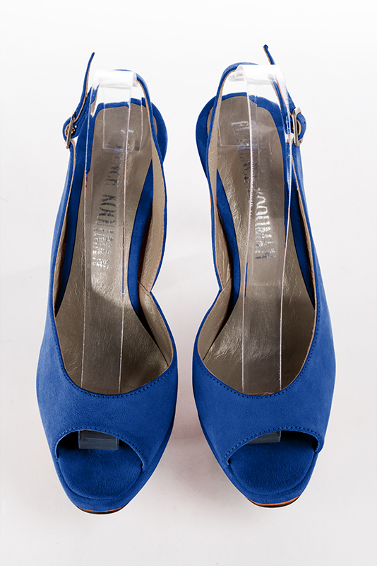 Electric blue women's slingback sandals. Round toe. Very high slim heel with a platform at the front. Top view - Florence KOOIJMAN